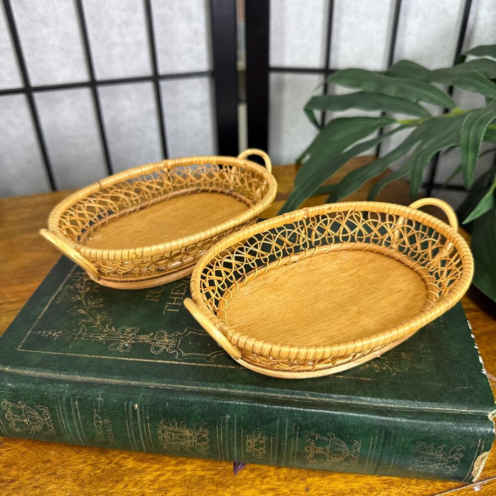 Vintage Wicker Weave Tray Set Simple Homestead Trinket Woven Dish